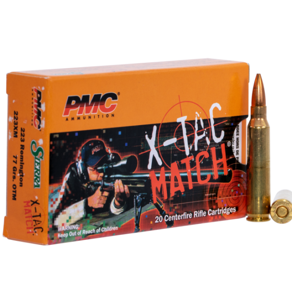 PMC X-Tac Match raises the bar for competitive load shots with its precision, performance, and reliability. Each box contains 20 rounds of 77 grain .223 Remington with open tip match bullets.